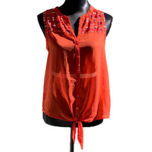 Lucky Brand Sleeveless Tie Waist Button Up Embroidered Southwestern Orange Top